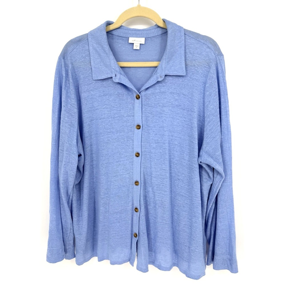 J. Jill Love Linen Blue Button Front Cardigan Sweater Collared Long Sleeve XL